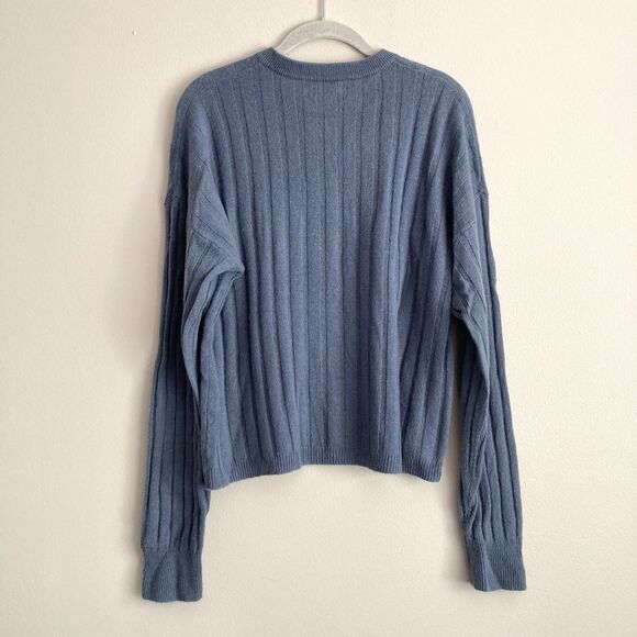 Naadam Womens Blue Ribbed Cropped 100% Cashmere Crew Neck Sweater Size Large - Picture 7 of 11